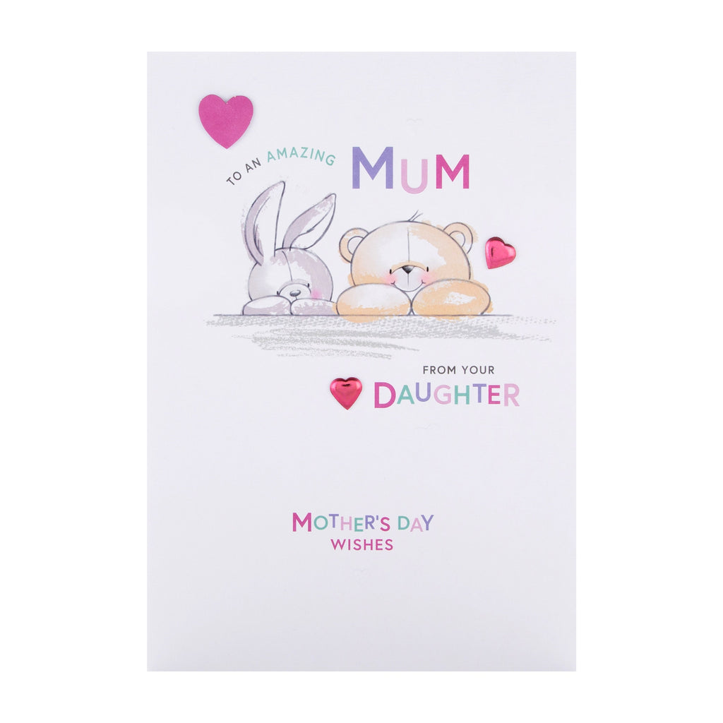 Mother's Day Card for Mum from Daughter - Cute Forever Friends Design with 3D Add On and Pink Heart Charms