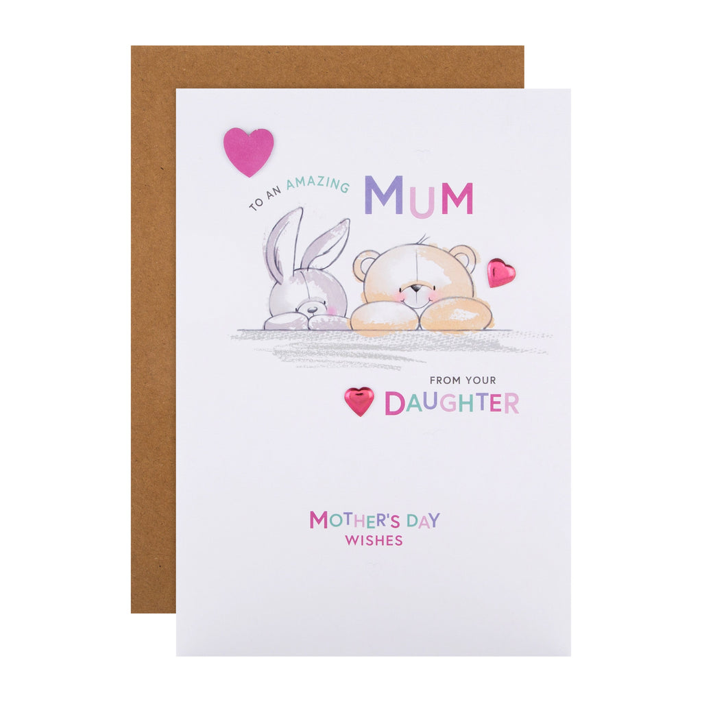 Mother's Day Card for Mum from Daughter - Cute Forever Friends Design with 3D Add On and Pink Heart Charms