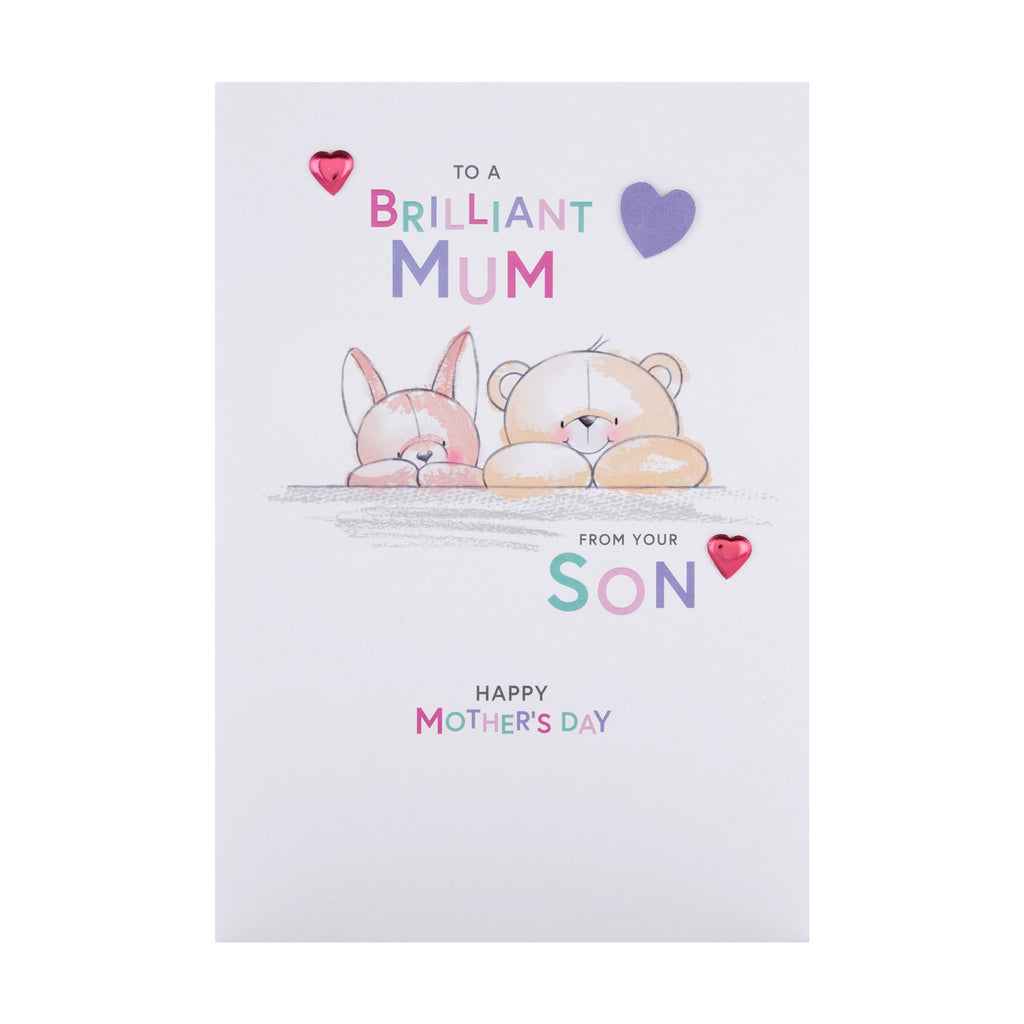 Mother's Day Card for Mum from Son - Cute Forever Friends Design with 3D Add On and Pink Heart Charms