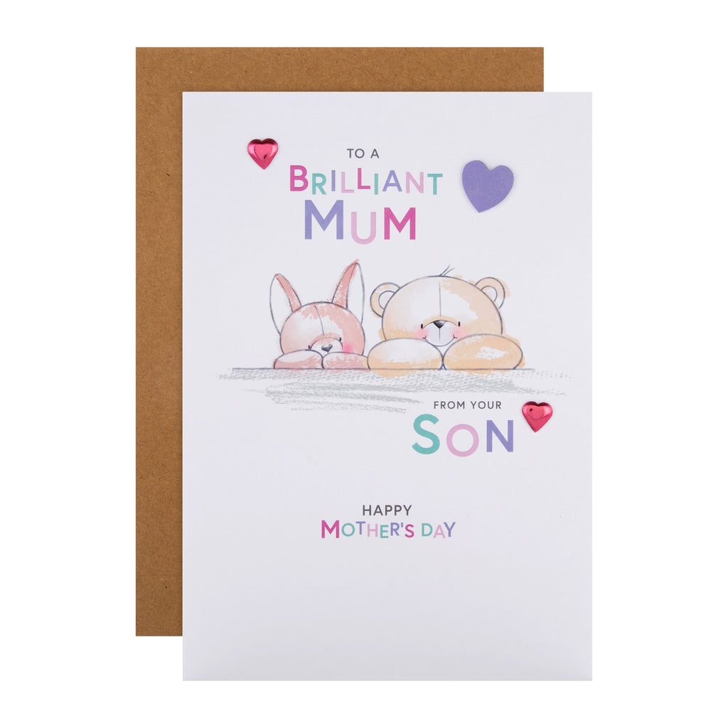 Mother's Day Card for Mum from Son - Cute Forever Friends Design with 3D Add On and Pink Heart Charms