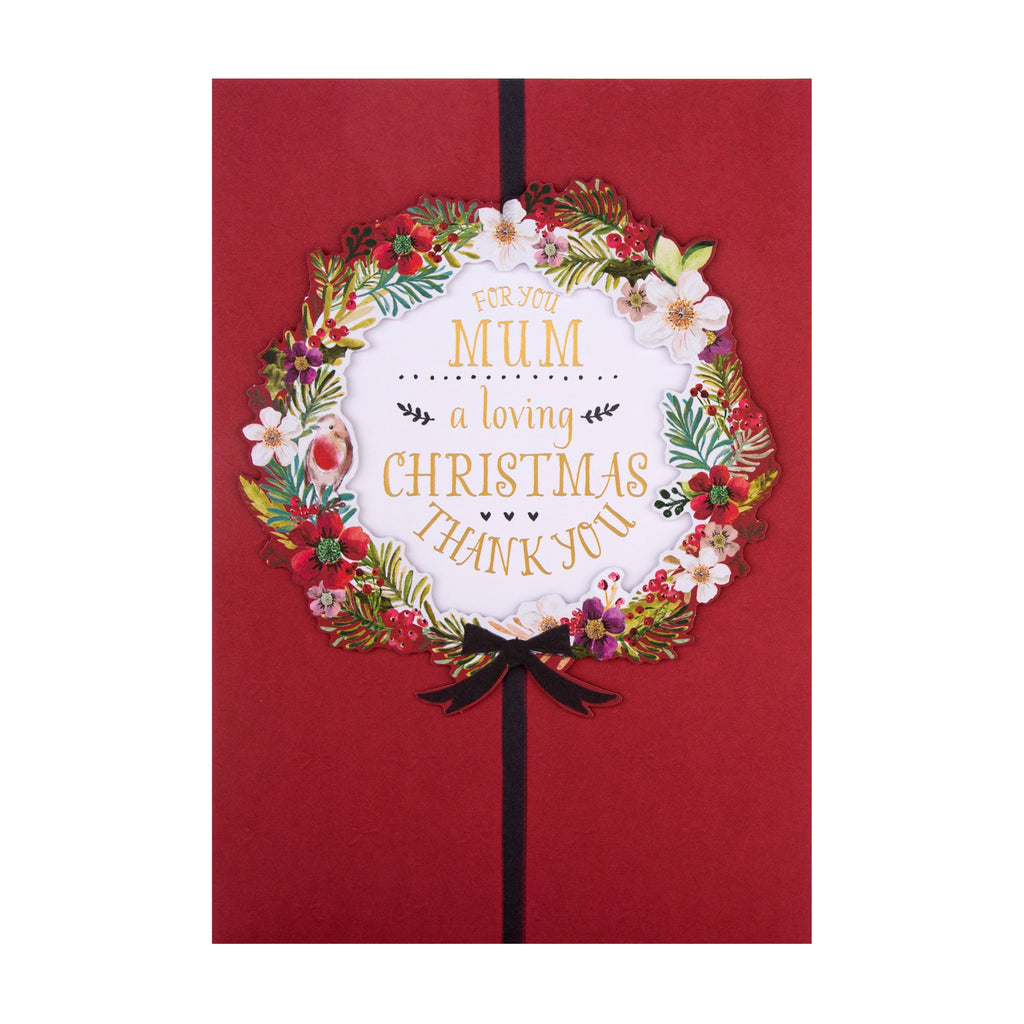 Christmas Card for Mum - Classic Wreath Design with Gold Foil and 3D Add On