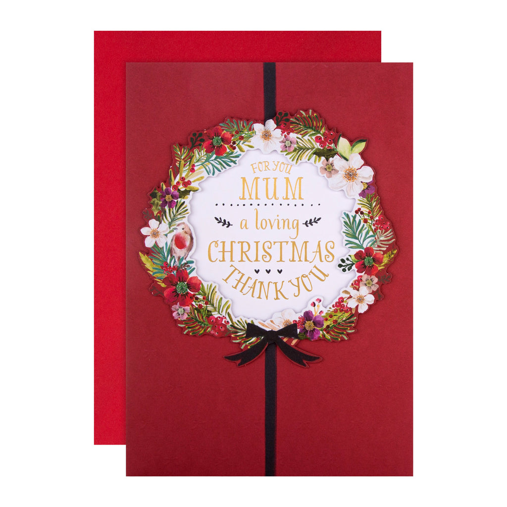 Christmas Card for Mum - Classic Wreath Design with Gold Foil and 3D Add On