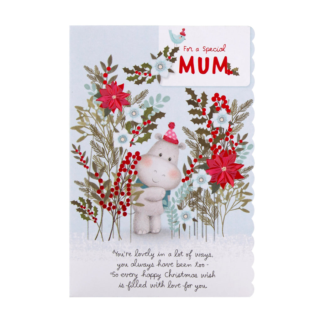 Christmas Card for Mum - Cute Po and Birdie Flowers Design with Red Foil