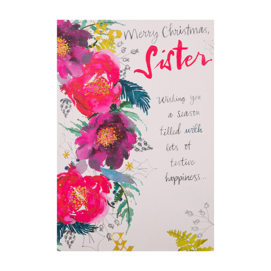 Christmas Card for Sister - Classic Winter Flowers Design with Gold Foil
