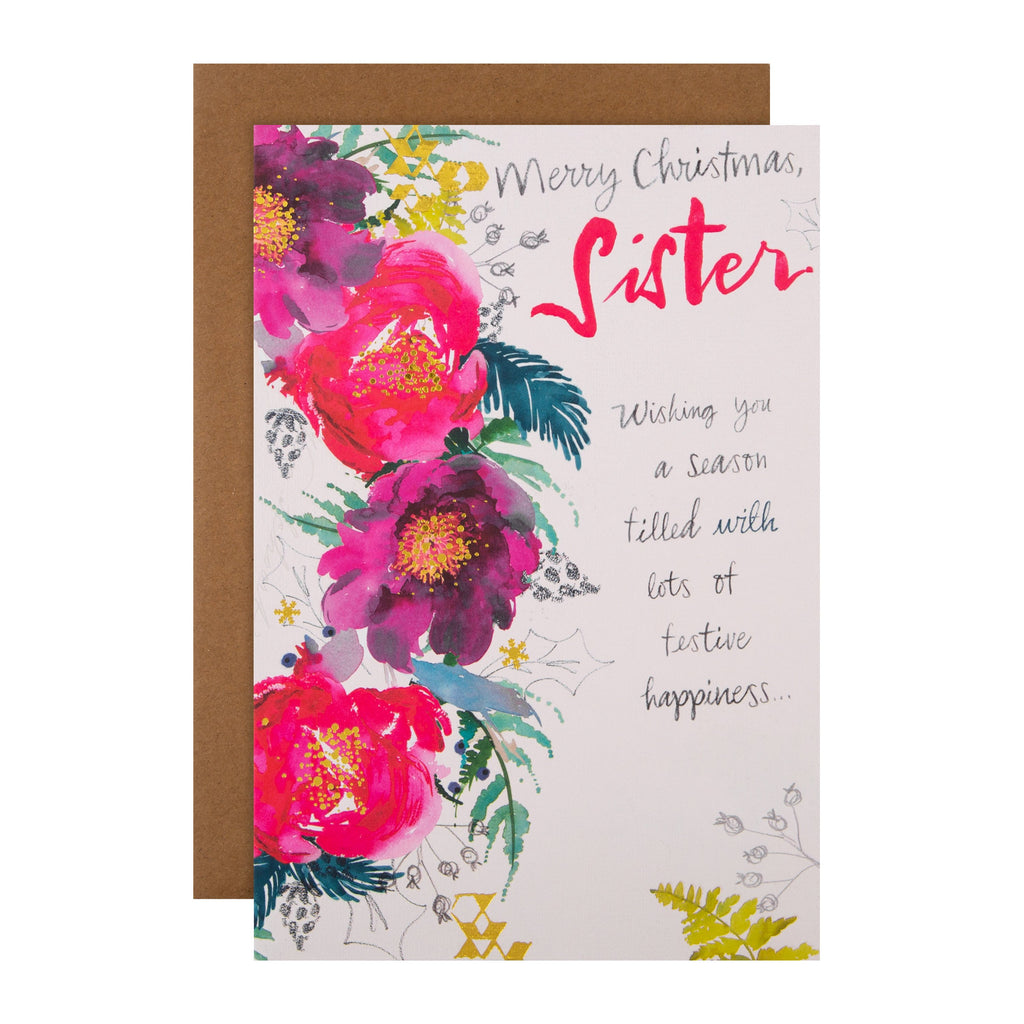 Christmas Card for Sister - Classic Winter Flowers Design with Gold Foil