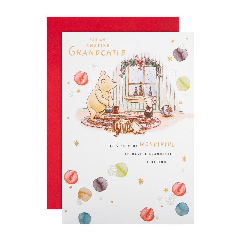 Christmas Card for Grandchild - Disney™ Winnie the Pooh Cute Decorations Design with Gold and Silver Foil