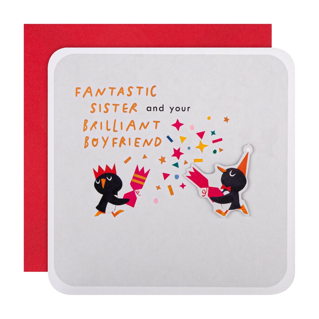 Christmas Card for Sister and Boyfriend - Cute Festive Penguins Design with 3D Add On and Copper Foil