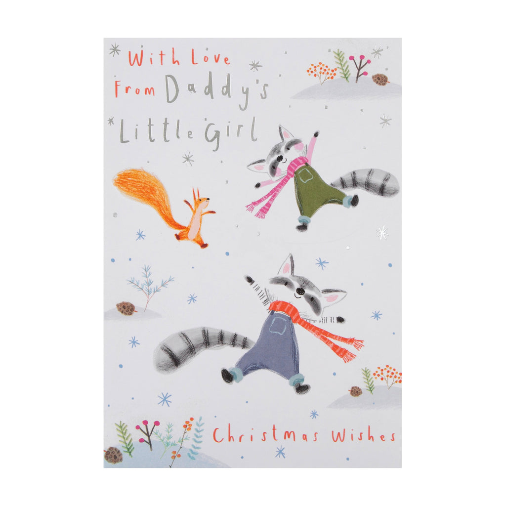Christmas Card for Daddy from Little Girl - Cute Winter Animals Design with Silver Foil
