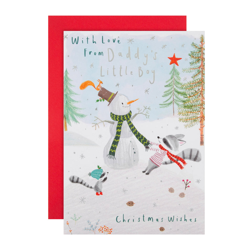 Christmas Card for Daddy from Little Boy - Cute Snowman Design with Silver Foil