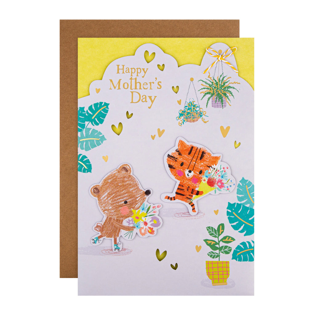 Cute Mother's Day Card -Illustrated Animals Design with Gold Foil and 3D Add On