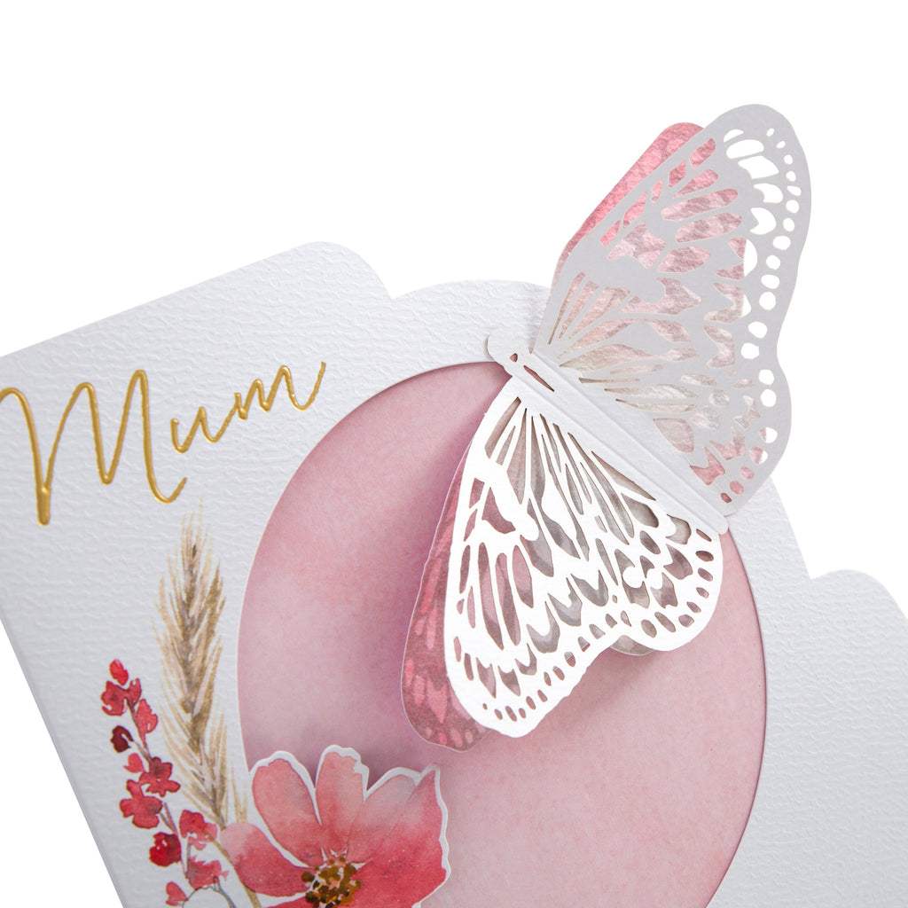 Mother's Day Card for Mum - Traditional Flower and Butterfly Design with Gold Foil