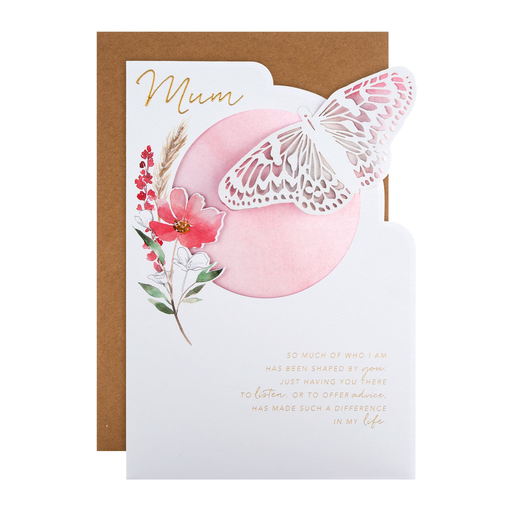 Mother's Day Card for Mum - Traditional Flower and Butterfly Design with Gold Foil