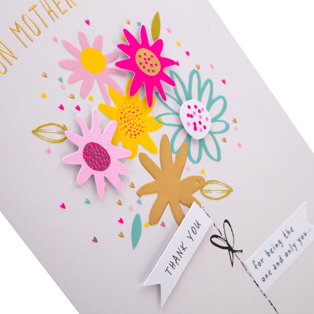 Contemporary Mother's Day Card - Colourful Floral Bouquet Design with 3D Add On and Gold Foil