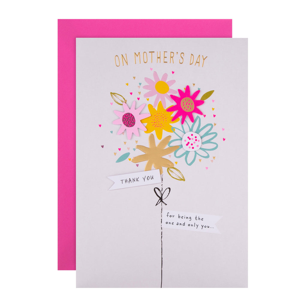 Contemporary Mother's Day Card - Colourful Floral Bouquet Design with 3D Add On and Gold Foil