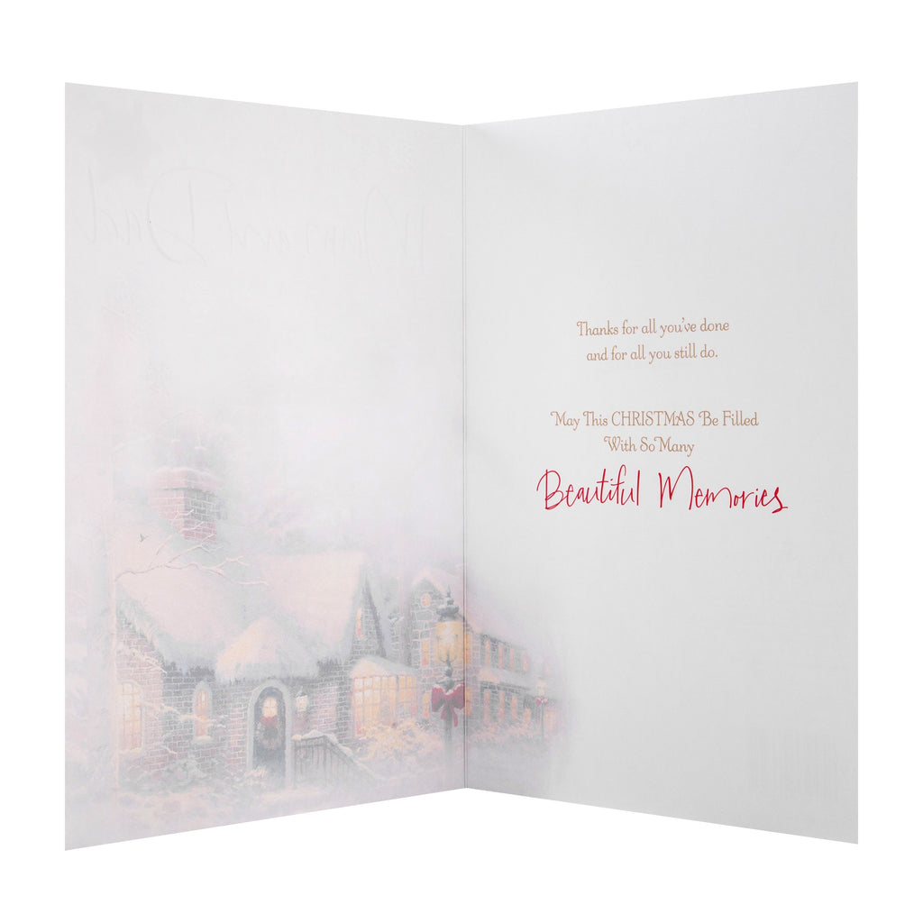 Christmas Card for Mum and Dad - Thomas Kinkade™ Winter Scene Design with 3D Add On and Rose Gold Foil