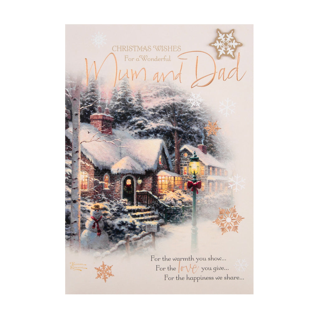 Christmas Card for Mum and Dad - Thomas Kinkade™ Winter Scene Design with 3D Add On and Rose Gold Foil