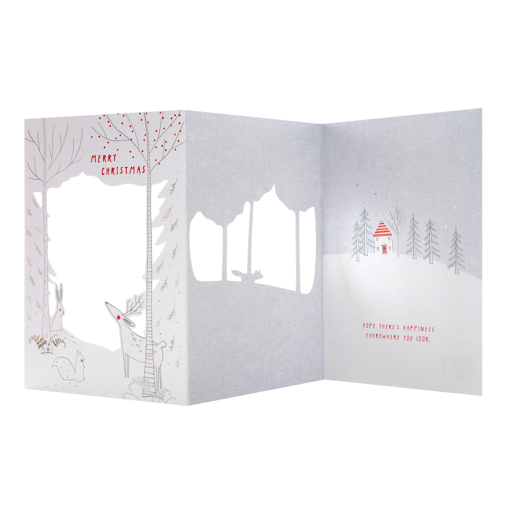 General Christmas Card - Cute Winter Forest Design with Silver and Red Foil