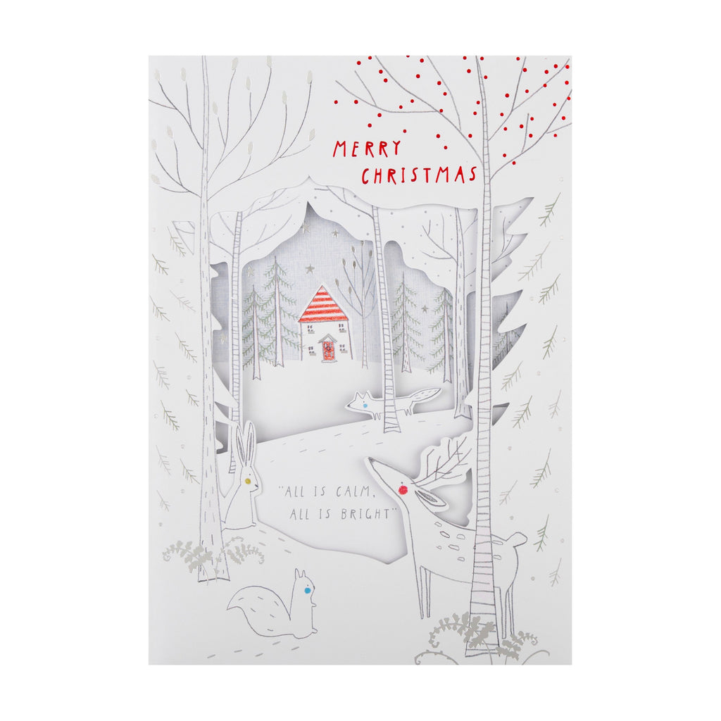 General Christmas Card - Cute Winter Forest Design with Silver and Red Foil