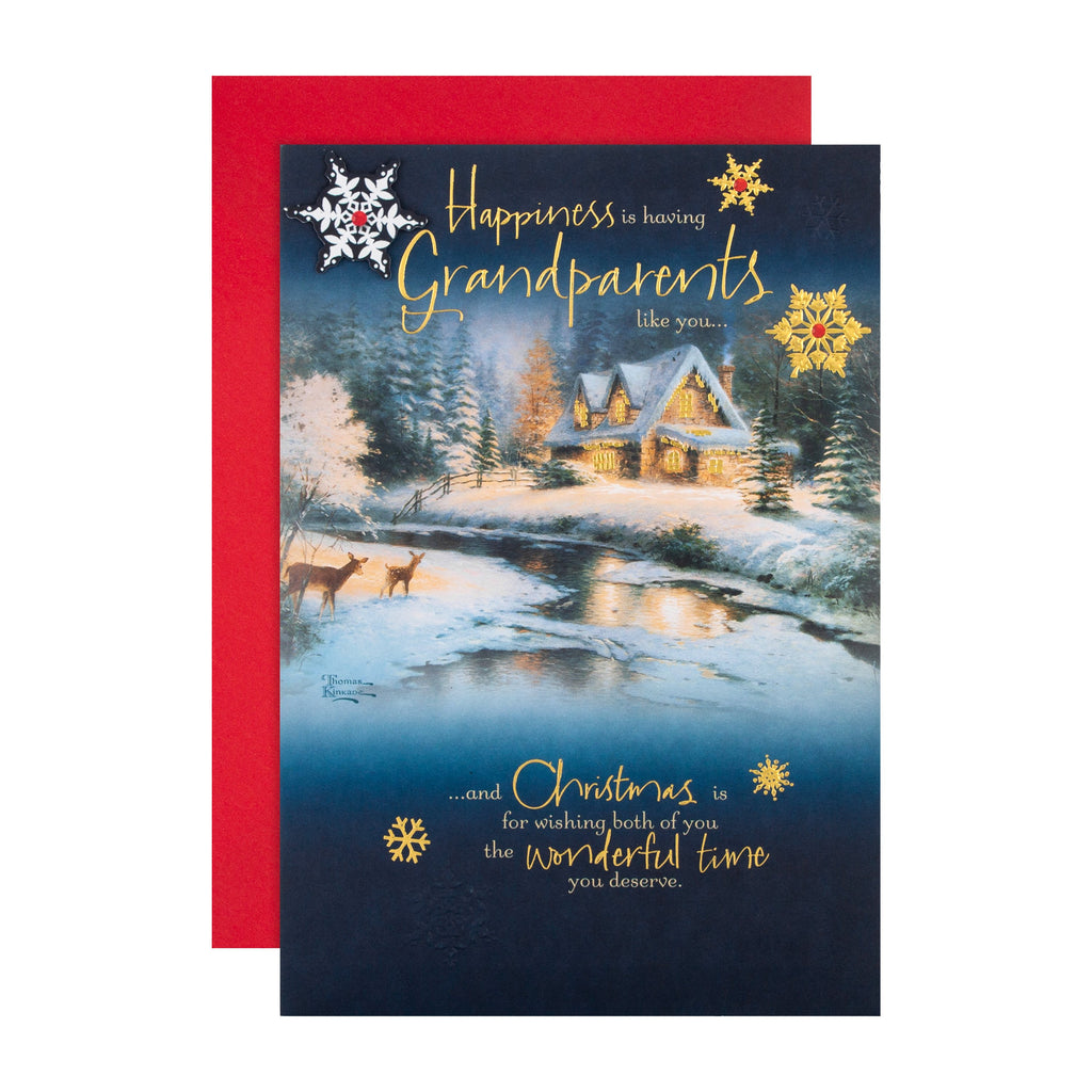 Christmas Card for Grandparents - Thomas Kinkade™ Winter's Night Design with 3D Add on and Gold Foil