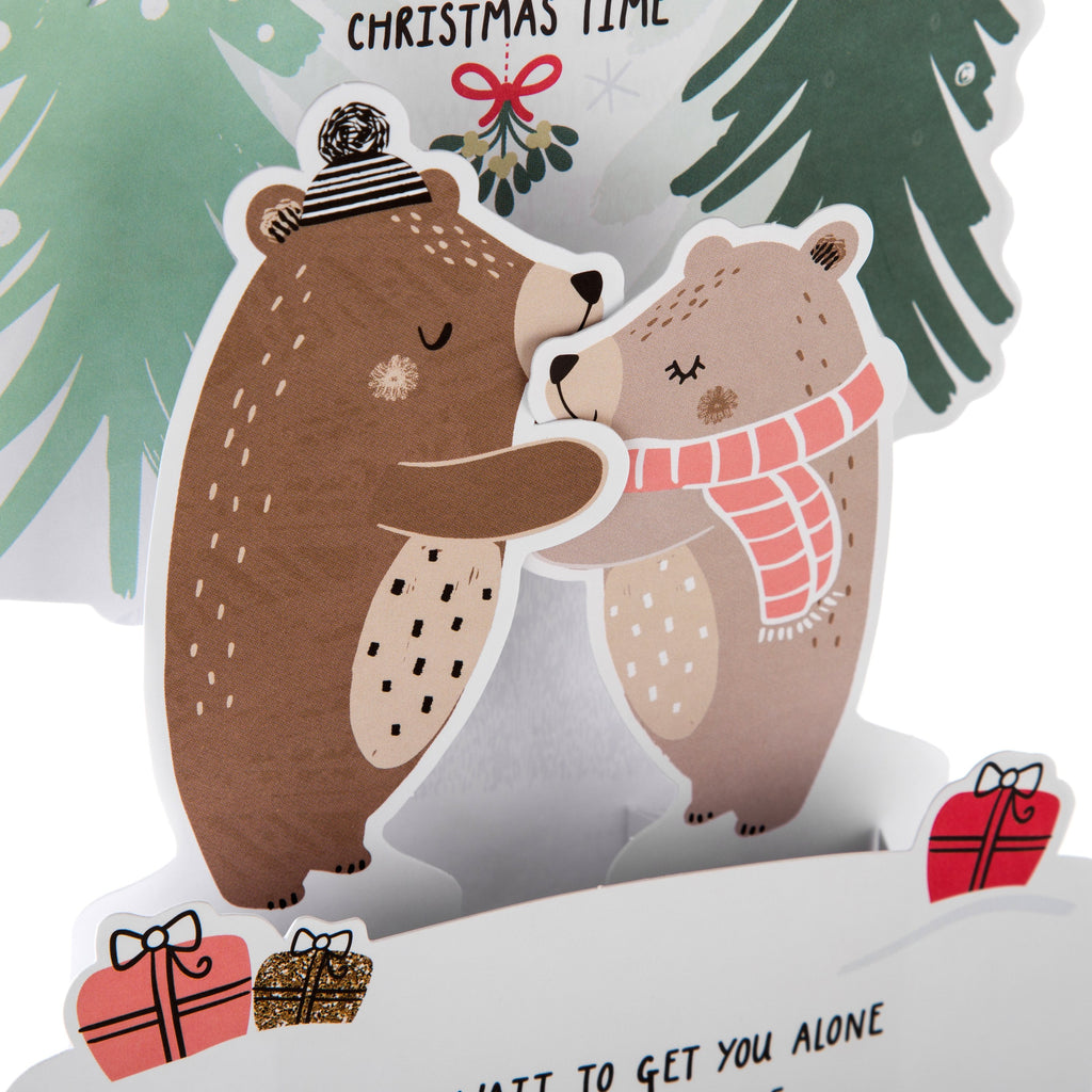 Christmas Card for Wife - Cute Bears Mistletoe Pop Up Design with Red Foil and Glitter