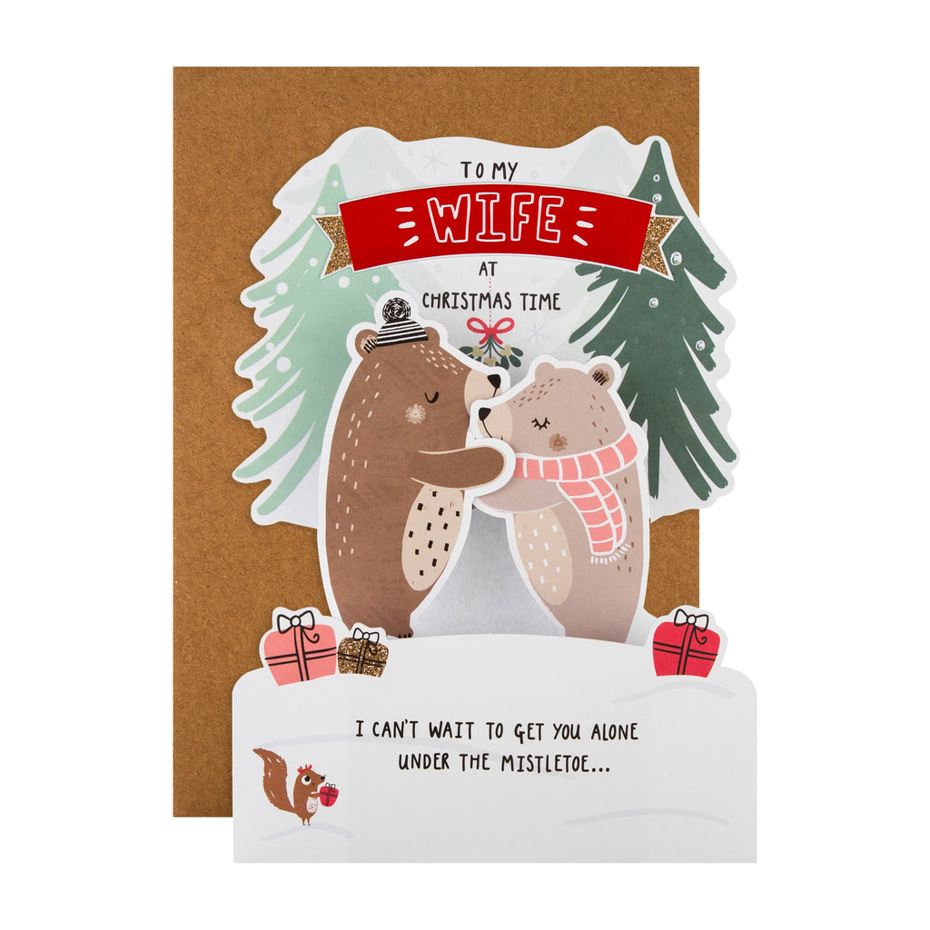 Christmas Card for Wife - Cute Bears Mistletoe Pop Up Design with Red Foil and Glitter