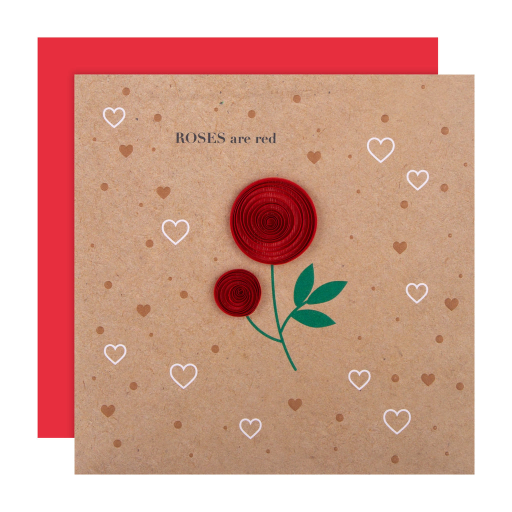General Valentine Card - Traditional Red Rose Design with Quilled Paper Details