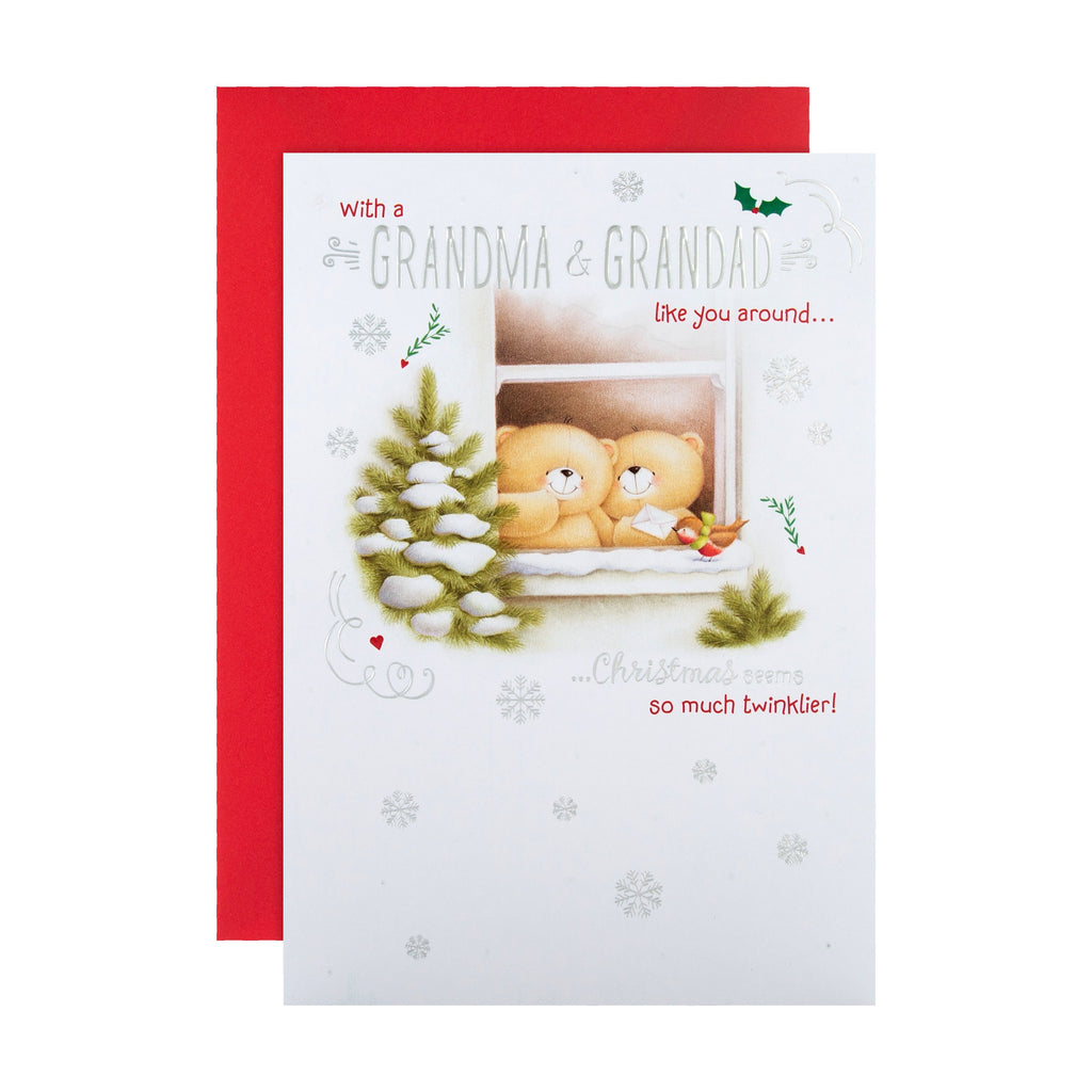 Christmas Card for Grandma & Grandad  - Cute Forever Friends Design with Silver Foil