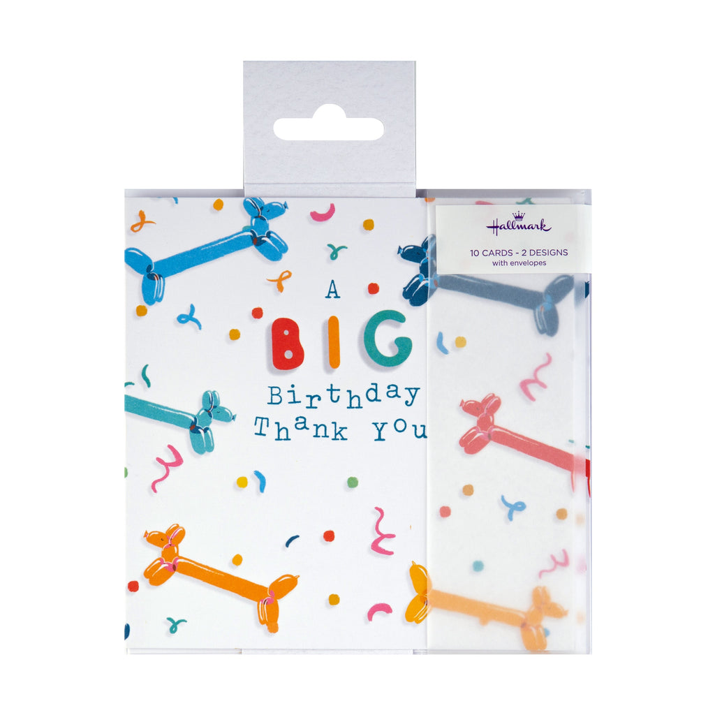 Pack of Birthday Thank You Cards - 10 Cards in 2 Colourful Balloon Designs