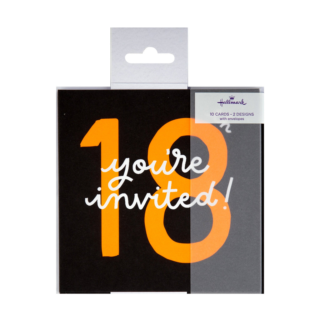 Pack of 18th Birthday Party Invitation Cards - 10 Cards in 2 Stylish Designs