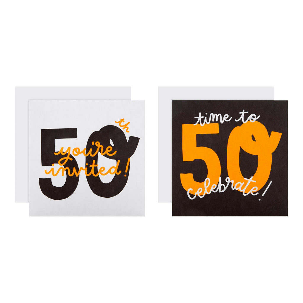 Pack of 50th Birthday Party Invitation Cards - 10 Cards in 2 Stylish Designs