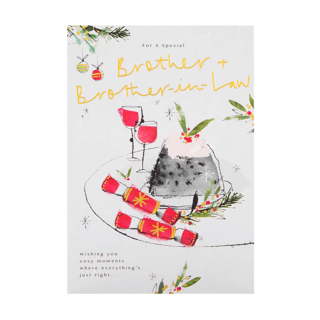 Christmas Card for Brother and Brother in Law - Traditional Crackers and Pudding Design with Gold Foil