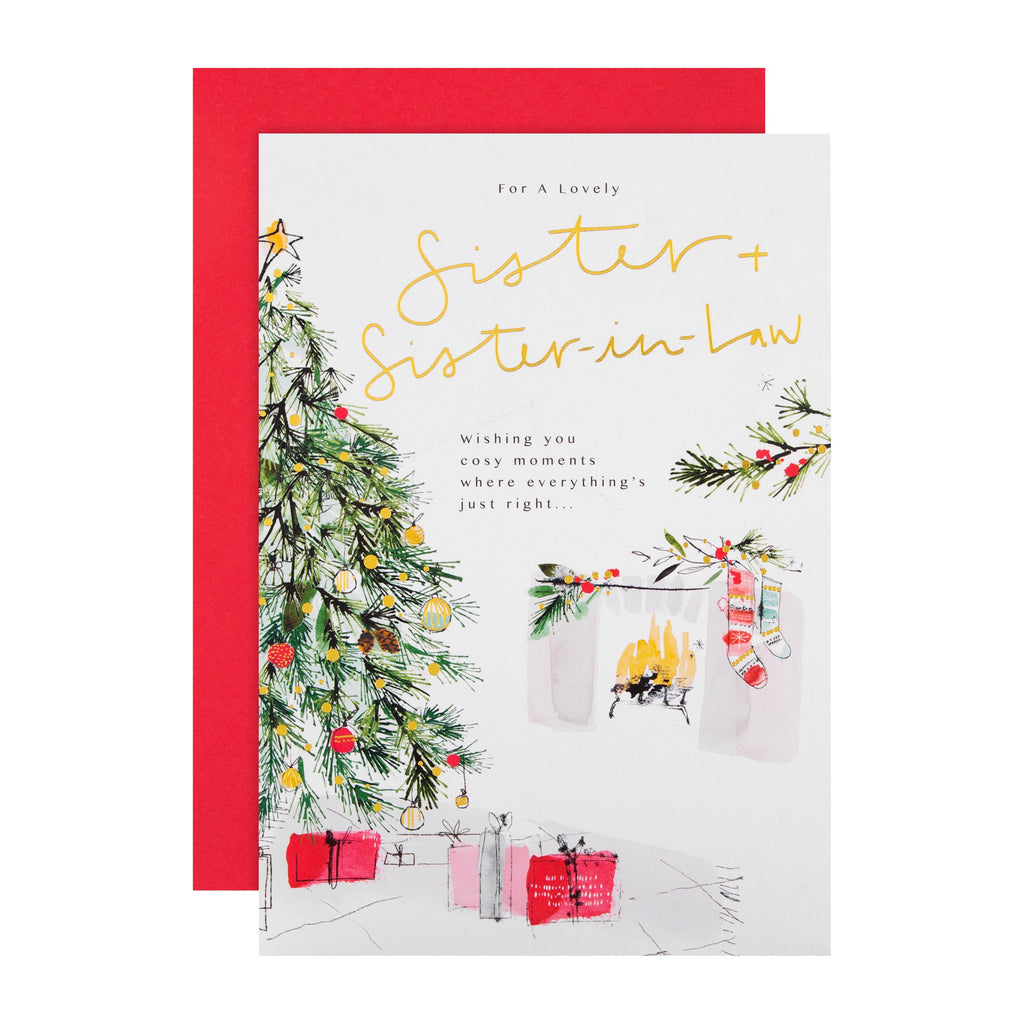 Christmas Card for Sister and Sister in Law - Traditional Tree and Presents Design with Gold Foil