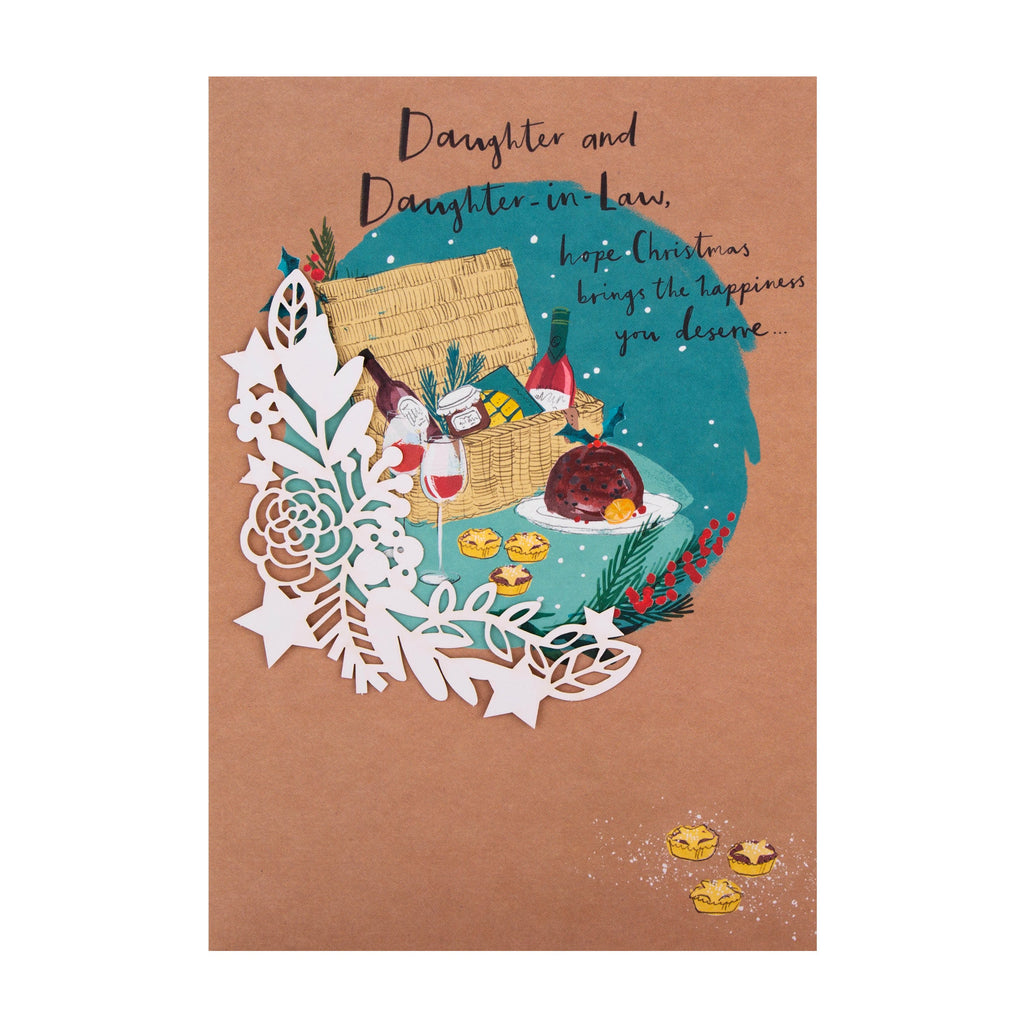 Christmas Card for Daughter and Daughter in Law - Contemporary Festive Hamper Design with 3D Add Ons