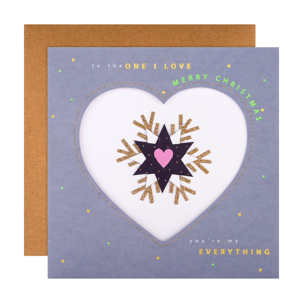 Christmas Card for The One I Love - Romantic Die Cut Snowflake Design with Gold Foil and 3D Add On