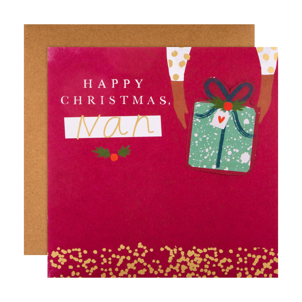 Christmas Card for Nan - Contemporary Wrapped Present Design with 3D Add On and Gold Foil