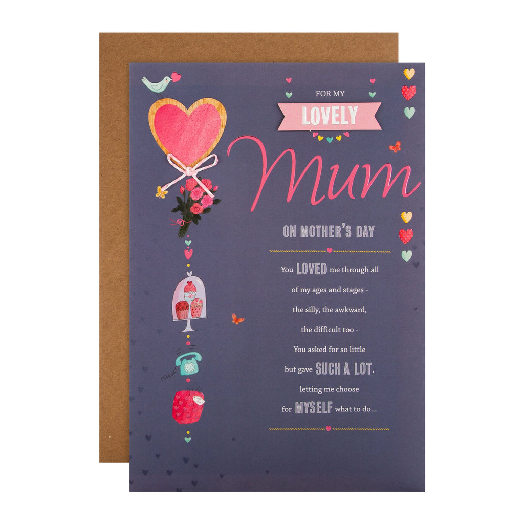 Mother's Day Card for Mum - Traditional Illustrated Verse Design with Pink and Silver Foil