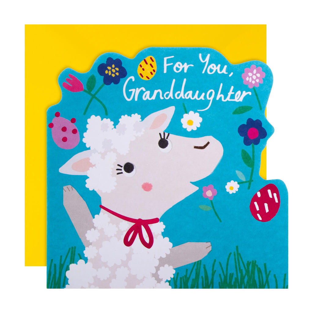 Easter Card for Granddaughter - Colourful Die Cut Lamb Design with Red Foil