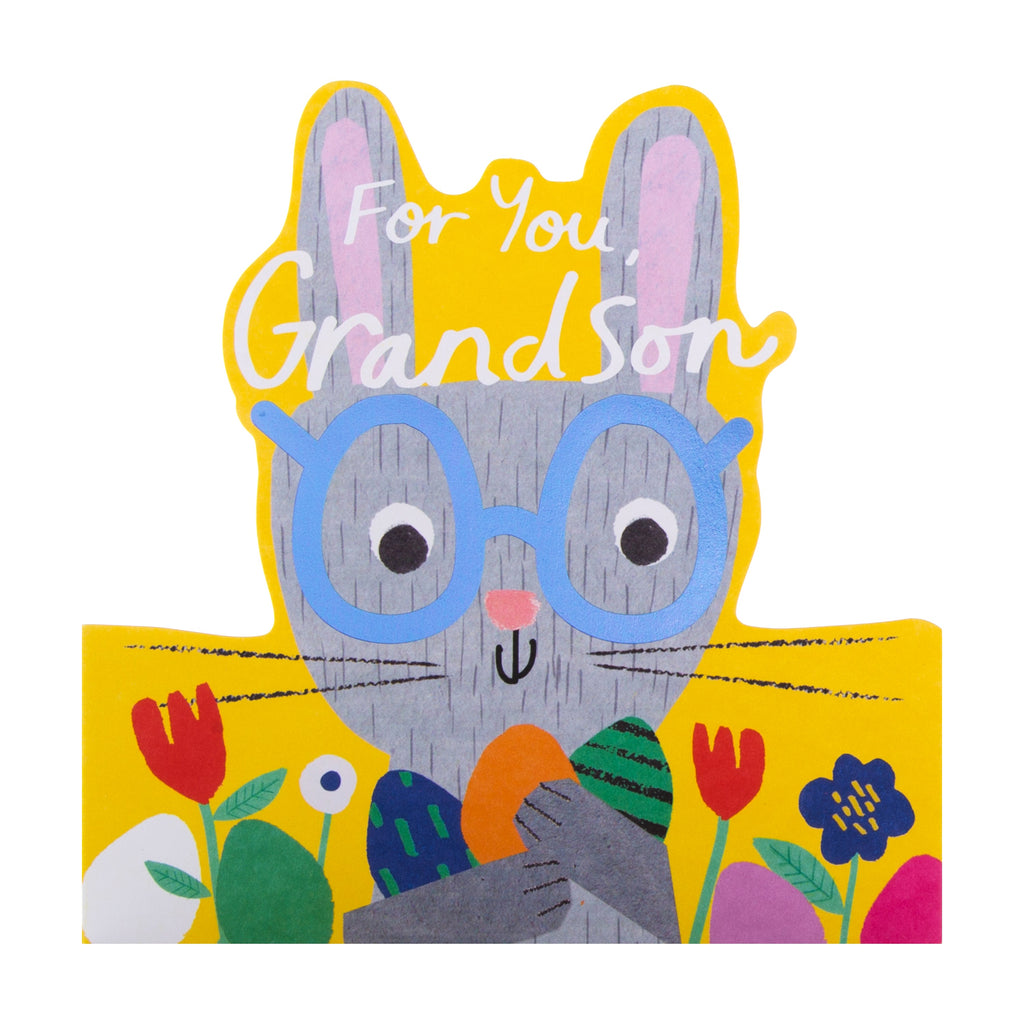 Easter Card for Grandson - Colourful Die Cut Bunny Design with Blue Foil