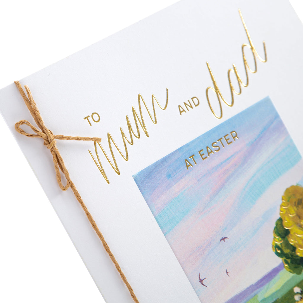 Easter Card for Mum and Dad - Classic Spring Field Design with Gold Foil and String Attachment
