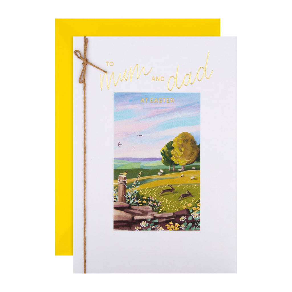 Easter Card for Mum and Dad - Classic Spring Field Design with Gold Foil and String Attachment