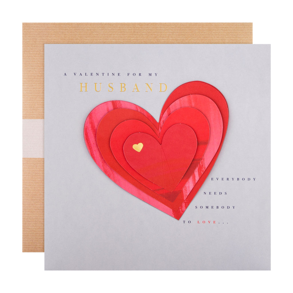 Valentine's Card for Husband - Traditional Love Heart Design with Gold Foil