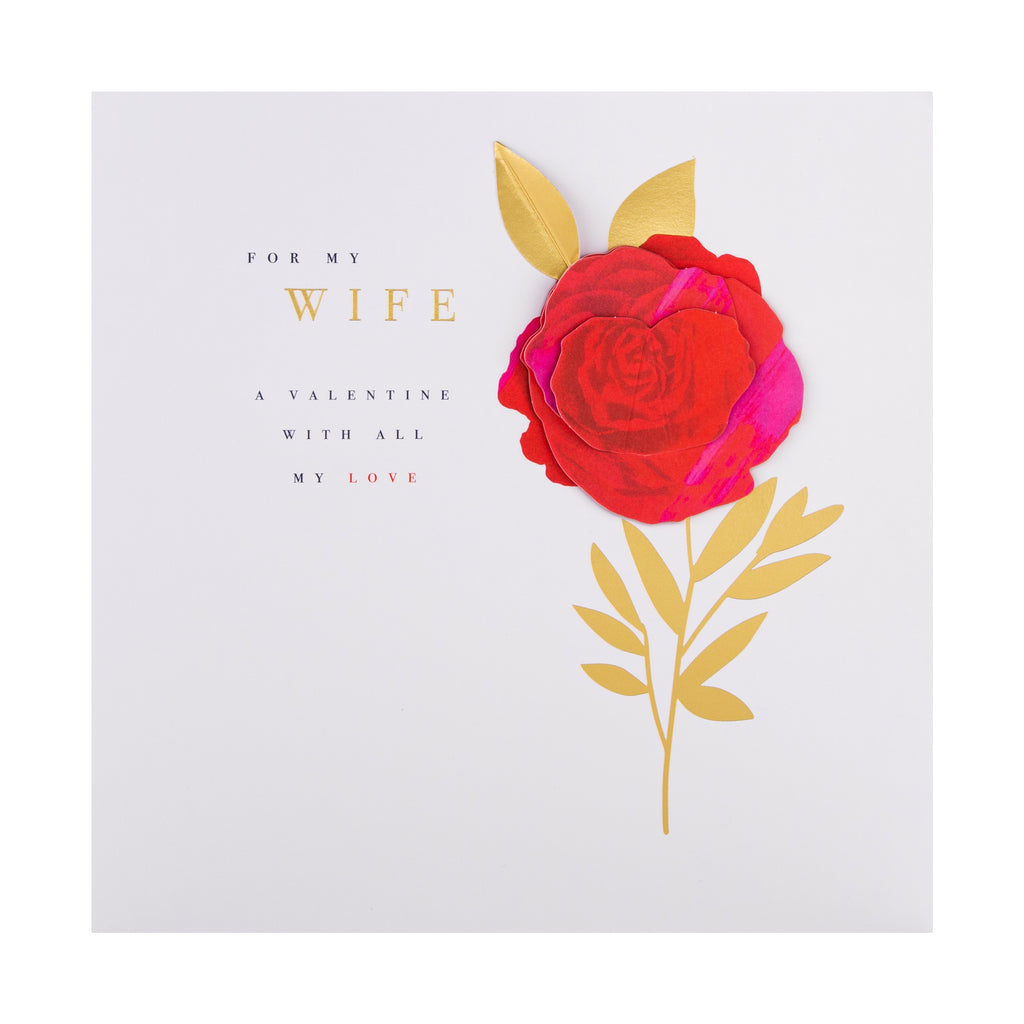 Valentine's Card for Wife - Classic Red Rose Design with Gold Foil