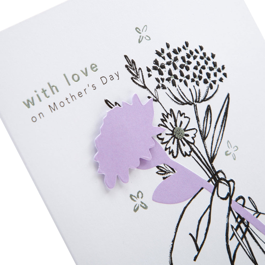 Traditional Mother's Day Card - Illustrated Flowers Design with Silver Foil and 3D Add On