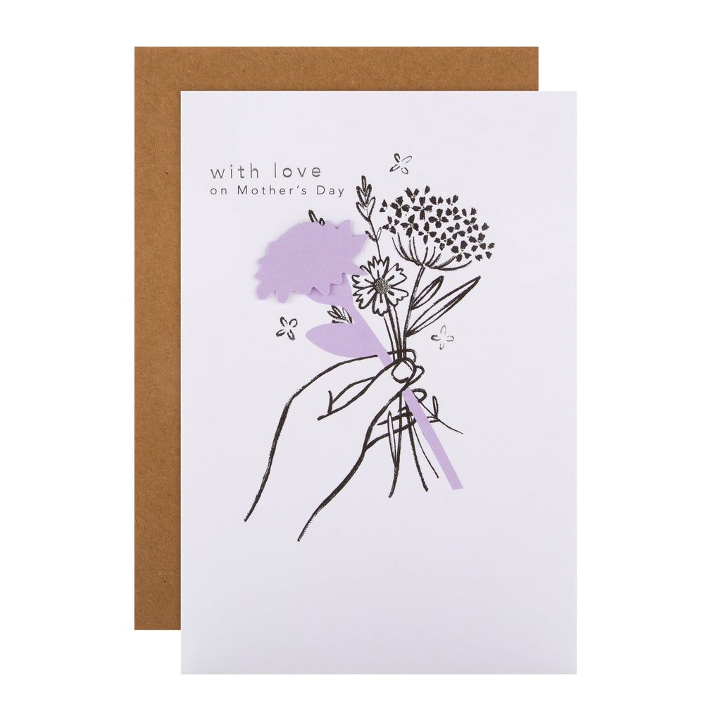 Traditional Mother's Day Card - Illustrated Flowers Design with Silver Foil and 3D Add On