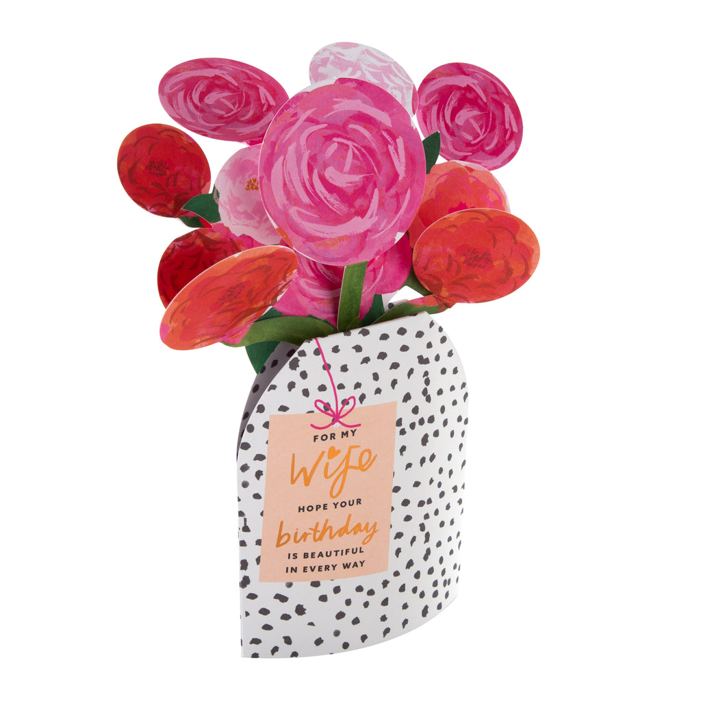 Birthday Card for Wife - 3D Vase of Red & Pink Roses Design