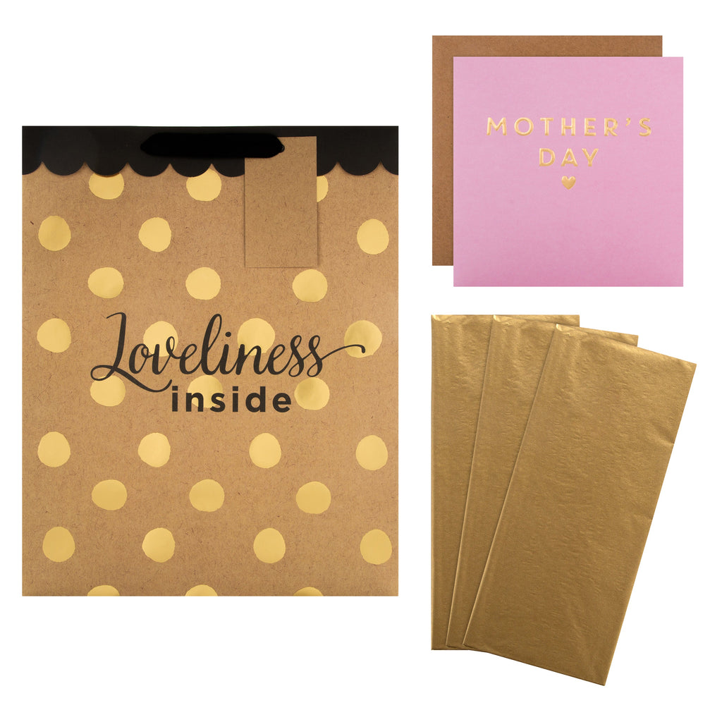 Mother's Day Gift Wrap and Card Bundle - 1 Mother's Day Card, 3 Tissue Paper Sheets and 1 Large Gift Bag in Contemporary Gold Designs