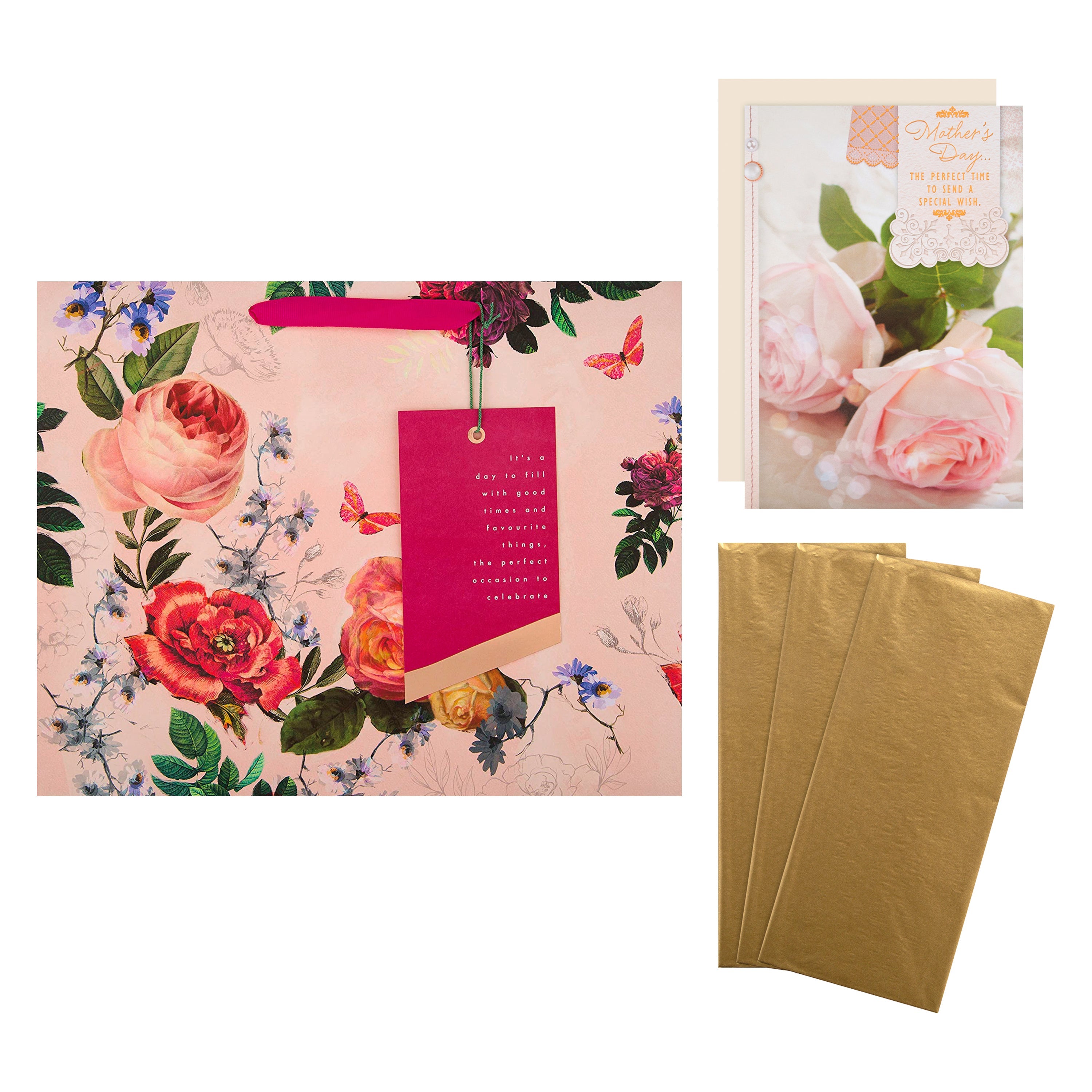 Mothers Day Gift Wrap Pack 1 Large Gift Bag 3 Tissue Paper Sheets & 1 Card