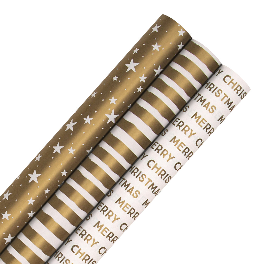 Gold Christmas Wrapping Paper Multi-Pack - 3 Rolls in 3 Designs