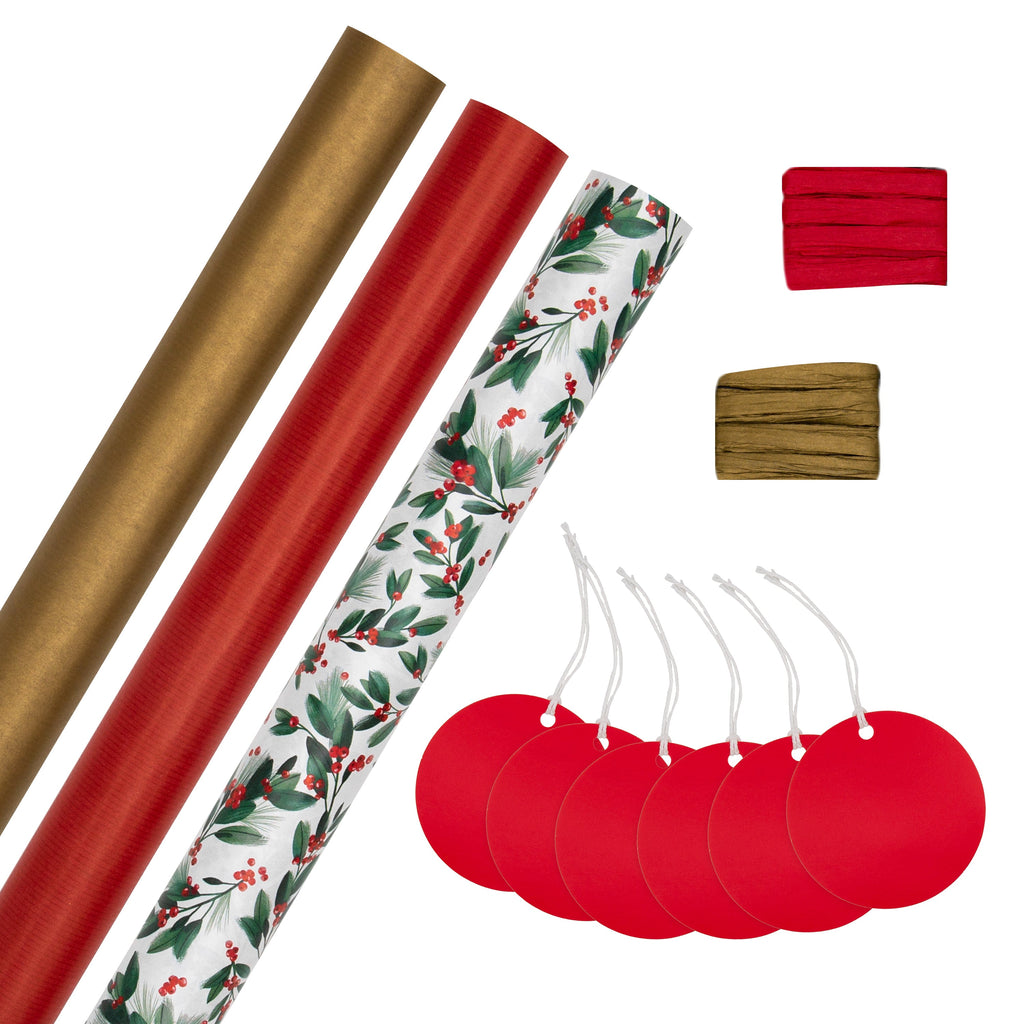 Red and Gold Christmas Gift Wrapping Compendium - 3 Rolls of Paper in 3 Designs with 6 Co-ordinating Gift Tags and 2 Rolls of Raffia Ribbon