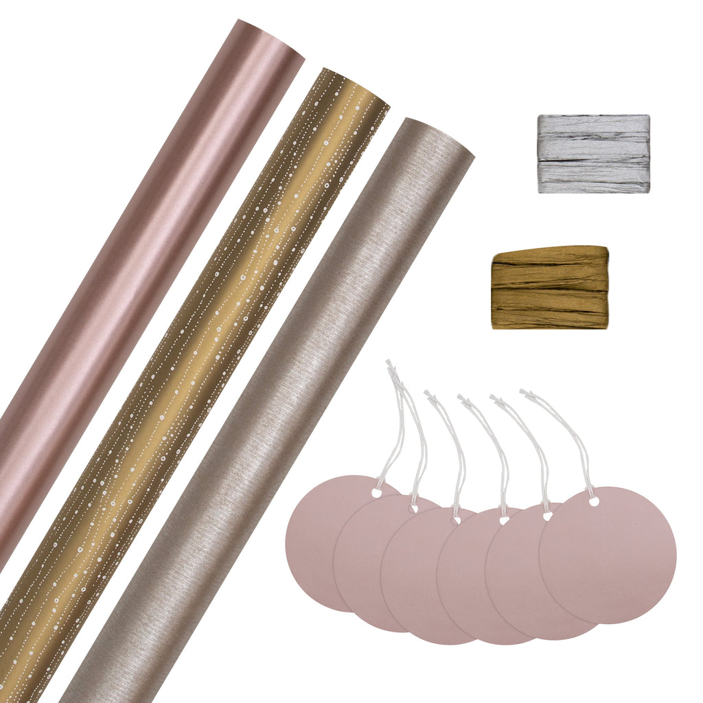 Metallic Christmas Gift Wrapping Compendium - 3 Rolls of Paper in 3 Designs with 6 Co-ordinating Gift Tags and 2 Rolls of Raffia Ribbon